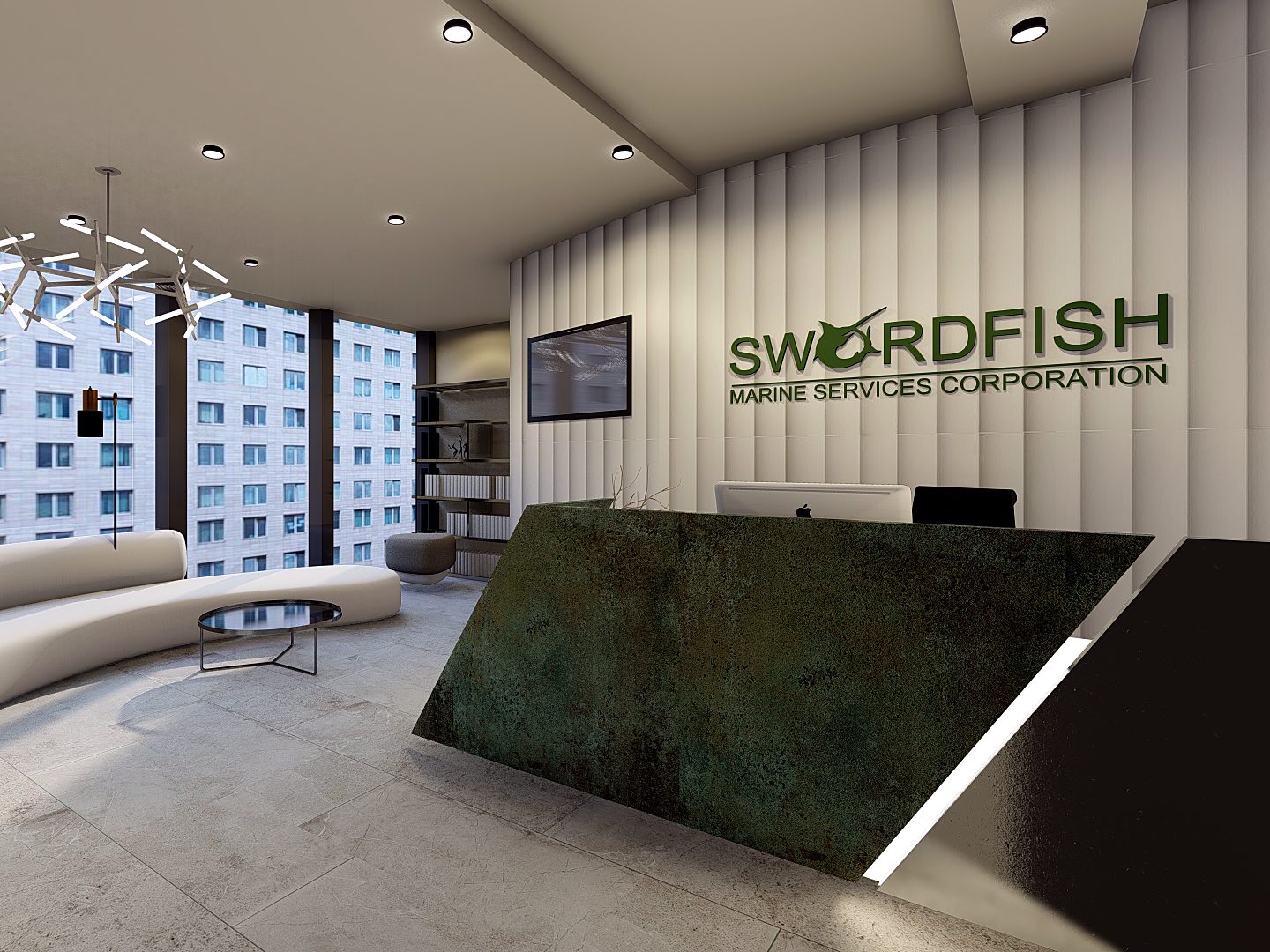 Swordfish reception with curved sofa and green stone desk